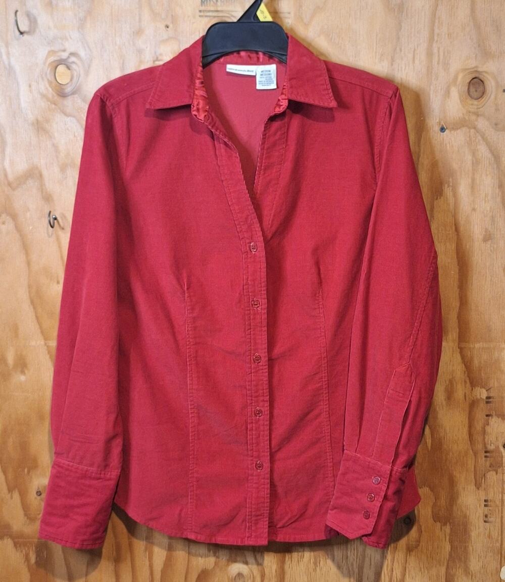 St. John's Bay Shirt Women's Medium Red Micro-Corduroy Cabincore Rustic Earthy